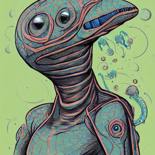 Image similar to a reptilian space alien in the style of james jean