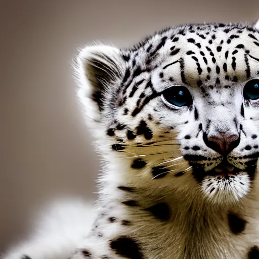 Image similar to very very very very very very cute chibi baby snow leopard playing, portrait, stunning eyes, swatting at air, pixar style, forest background, cinematic lighting, award winning creature portrait photography