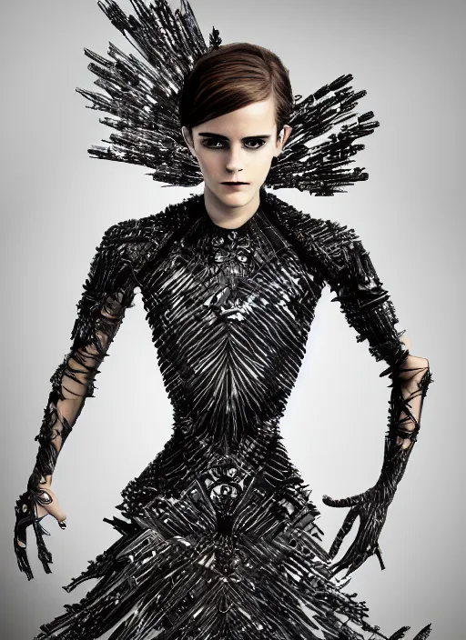 Prompt: expressive full body photo of emma watson, dress made of steel blades, glamour shot, by karol bak, stefan gesell, photorealistic, nikon d 4 x, fashion photography, hyper maximalist, elegant, ornate, luxury, elite, environmental portrait, symmetrical features, octane render, unreal engine, solid dark grey background, dramatic lights