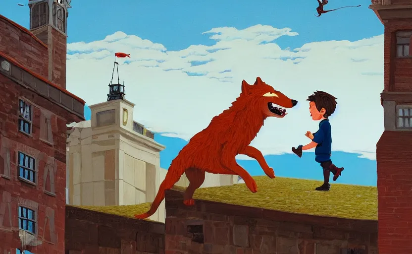 Image similar to a boy fighting a wolf on the edge of a clocktower, by oliver jeffers, gouche, print