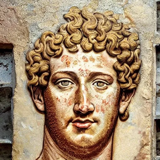 Image similar to photo of an ancient roman fresco on a wall in an ancient roman villa : mark zuckerberg as a roman noble senator. dressed in a white toga. serious facial expression. grills meats. detailed, intricate artwork. faded shadows