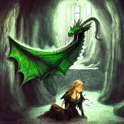 Image similar to fairy tale, painting, large green dragon!!!, venomfang, dnd, inside a dungeon, realistic, dungeons and dragons, cinematic composition, kodachrome, practical effect