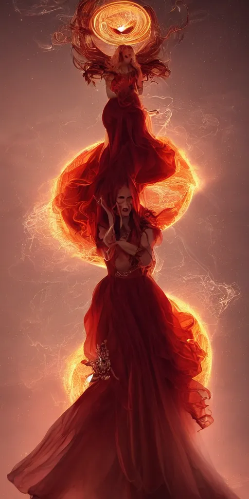 Prompt: A woman floats in midair, encircled by a ring of fire. She wears a crimson gown and her hair is wild and flowing. In her hands she holds a staff adorned with a large crystal ball, super coherent, trending on artstation, single subject, female, magic, full body portrait, by Lulu Chen and Mandy Jurgens