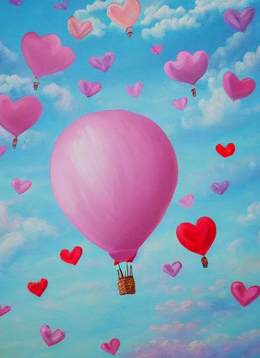 Prompt: detailed painting that is beautiful and whimsical with cotton candy clouds and balloon hearts and flowers inside