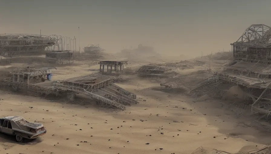 Image similar to Abandoned stadium under tons of sand during sandstorm in Mad Max, hyperdetailed, artstation, cgsociety, 8k