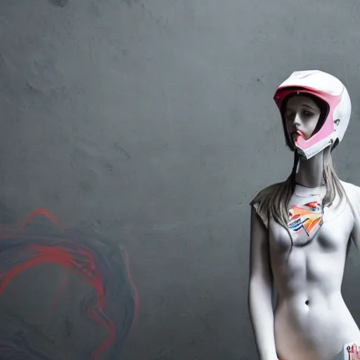 Image similar to extremely beautiful photo of a white marble statue of a girl with colorful motocross logos and motorcycle helmet with closed visor, colorful smoke in the background, carved marble statue, symmetrical, vogue, fine art, neon genesis evangelion, virgil abloh, offwhite, denoise, highly detailed, 8 k, hyperreal