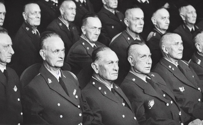 Image similar to 50s movie still full-lenght portrait of soviet generals sit at the parlement, by Alexei Guerman , Cinestill 800t 35mm black and white, heavy grainy picture, very detailed, high quality, 4k, HD criterion, precise texture