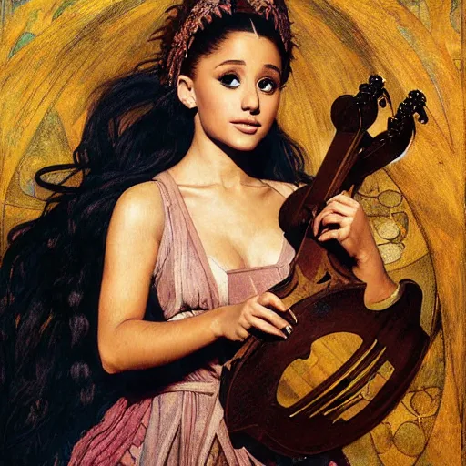 Image similar to half length portrait of ariana grande as a bard playing the mandolin, d & d, medieval, fantasy, giger, royo, klimt, miro, vallejo, frazetta, alphonse mucha, greg rutkowski, whealan