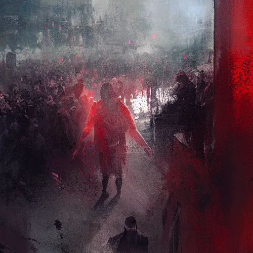 Prompt: Christ coming up from beneath blood red water, his eyes fixed toward the sky, his mouth agape, the sky is dark with god rays filtering through in the distance, a crowd looks on in silence in the far background, by Jeremy Mann, stylized, detailed, realistic, loose brush strokes