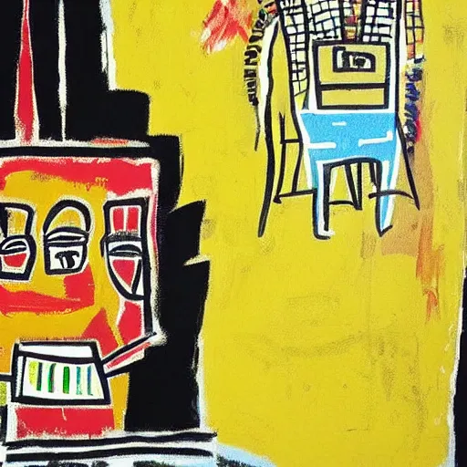 Image similar to It's morning. Sunlight is pouring through the window bathing the face of a man enjoying a hot cup of coffee. A new day has dawned bringing with it new hopes and aspirations. Painting by Basquiat, 1939