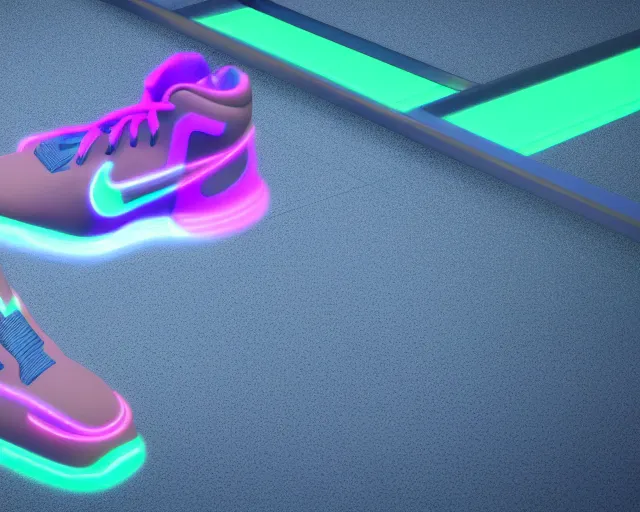 Prompt: A 3D concept design of futuristic nike sneakers with neon lights from below, unreal engine 5