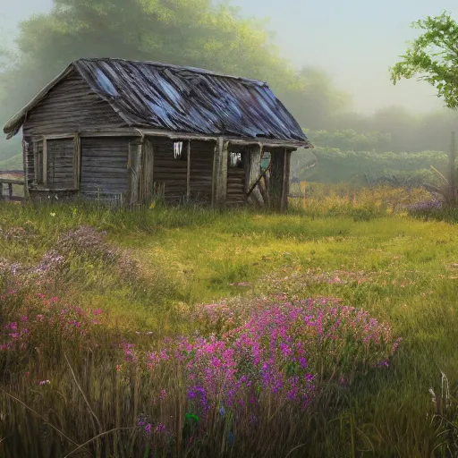 Image similar to a matte painting of a midwestern countryside, shack close up, river, overgrown, patchy flowers, oil painting, pale colors, high detail, 8 k, wide angle, trending on artstation,