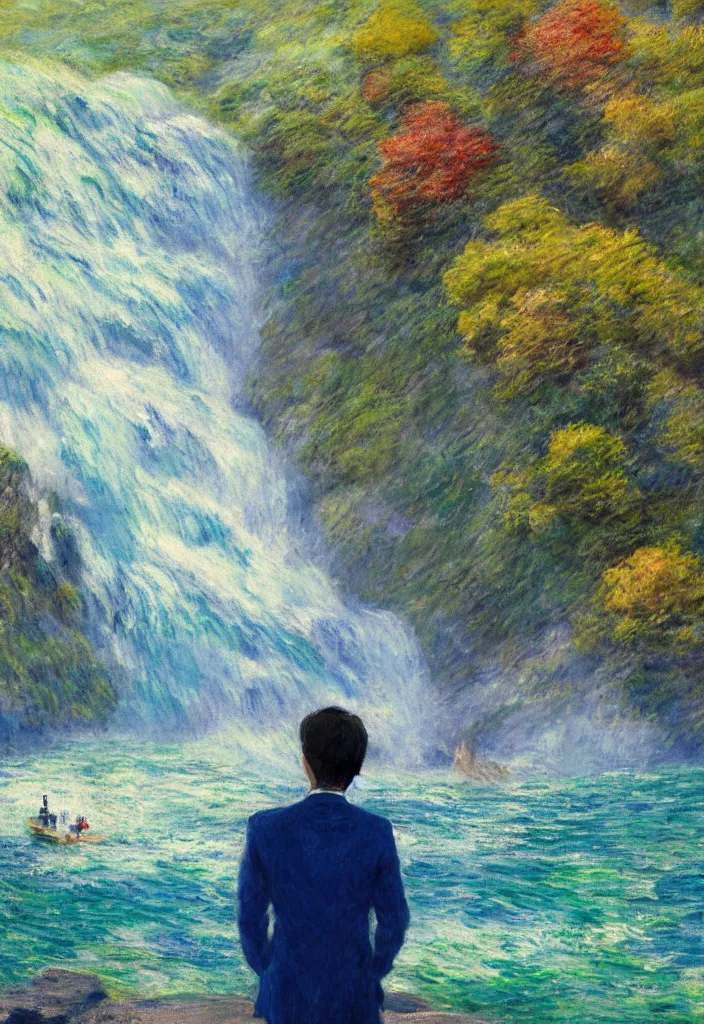 Prompt: tiny businessman in front of a japanese city in the mountain surrounded by waterfall. cyberpunk, boats flying. beautiful blue sky. gorgeous epic nature, lofi, vivid colors, amazing light, by jeremy lipkin, by claude monet, heavily inspired by makoto shinkai, inspired by ghibli, masterpiece, multiple brush strokes, impressionist style