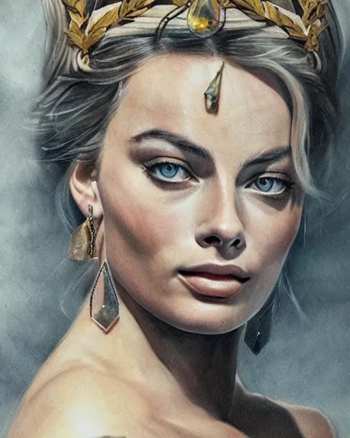 Image similar to realism tattoo sketch of margot robbie as a beautiful greek goddess aphrodite with piercing eyes wearing a laurel wreath and triangle earrings, in the style of greg rutkowski, amazing detail