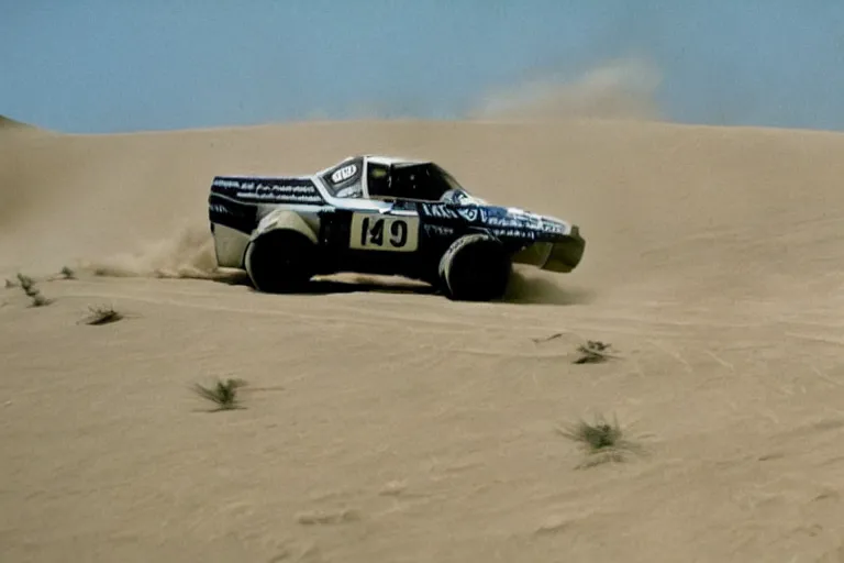 Prompt: a single 1 9 6 7 dakar rally bmw, race footage, speed, movie still from bladerunner
