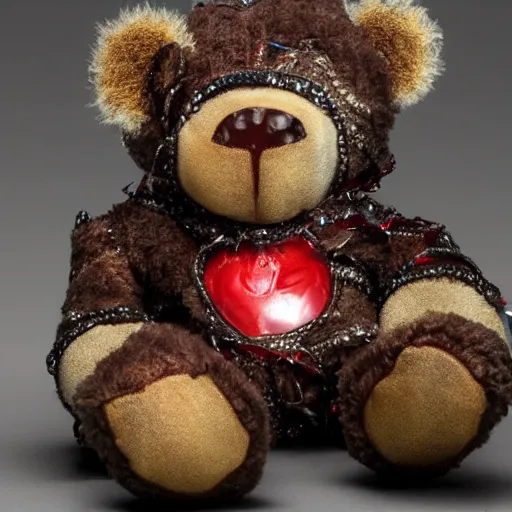 Prompt: a cyborg teddy bear covered in blood