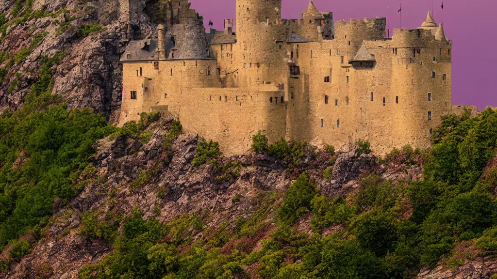 Image similar to castle, velvia, warm color palette, lonely, on a cliff edge