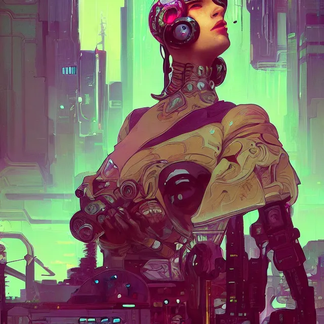 Prompt: a beautiful portrait painting of a ( ( cyberpunk ) ) girl by simon stalenhag and pascal blanche and alphonse mucha!! and nekro!. in style of digital art. colorful comic, film noirs, symmetry, hyper detailed. octane render. trending on artstation