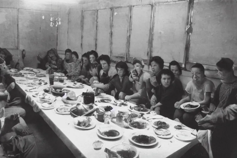 Prompt: photo of a room of people eating soup, the vibe is eerie, the image is low quality, it was found on the deep web.