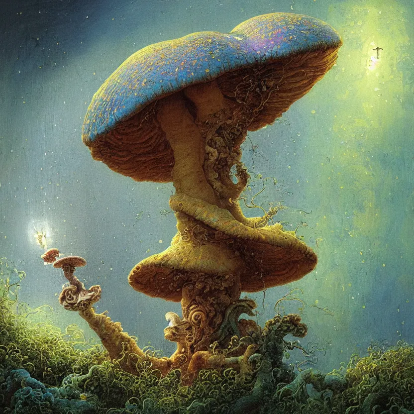 Prompt: a close - up rococo portrait of a futuristic iridescent mushroom ghost standing in water, moss, and swamp. fireflies night time. rich blue colors, high contrast. gloomy, highly detailed 1 8 th century sci - fi fantasy masterpiece painting by jean - honore fragonard, moebius, and johfra bosschart. artstation