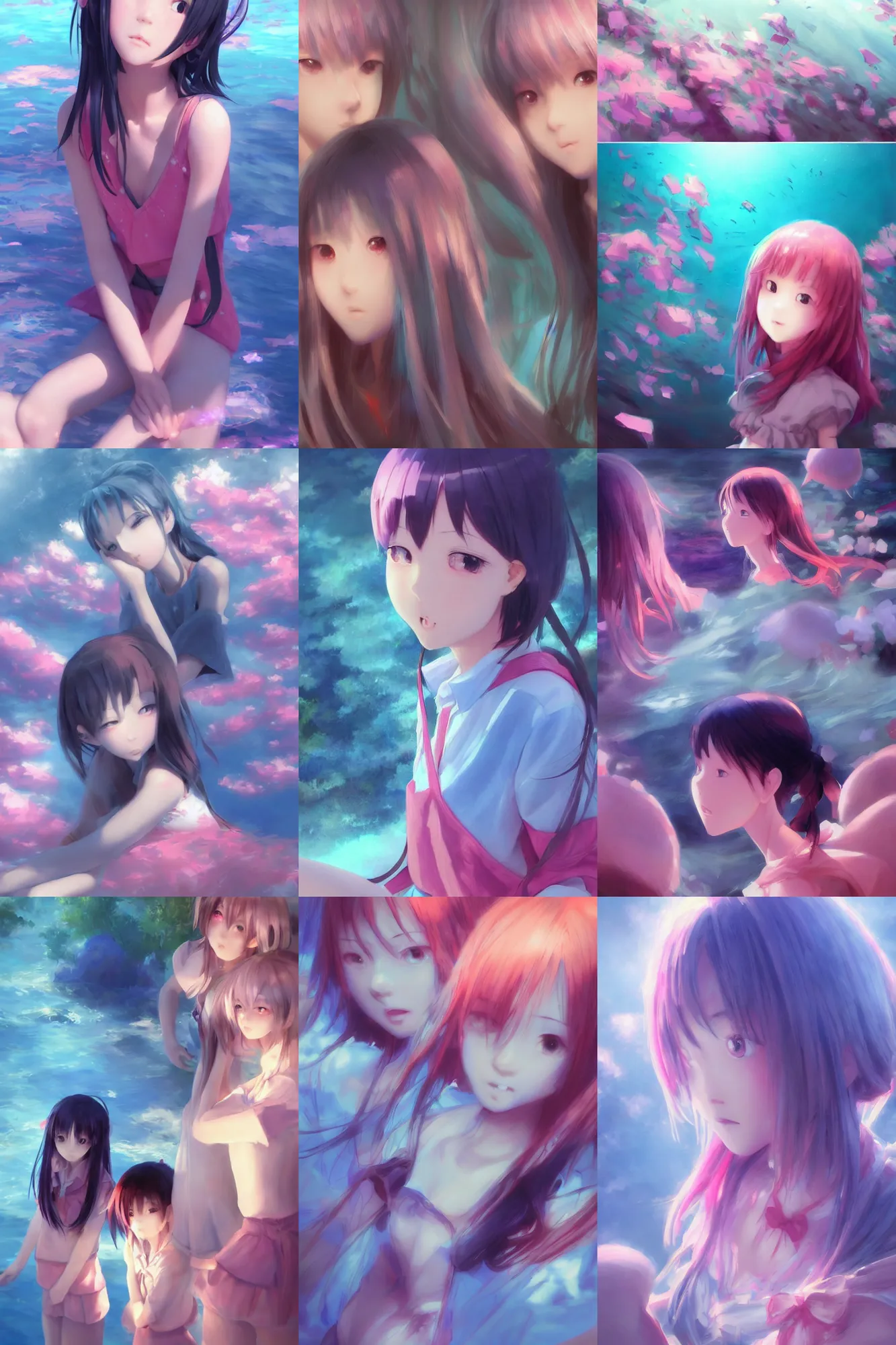 Prompt: 3d infrared octane render concept art by D. Jun, by Mo Xiang Tong Xiu, by Igarashi Daisuke, by makoto shinkai, cute beauty portrait anime sad friends schoolgirls under dark pink and blue water. light rays. deep water. beautiful and cutest sad face. dramatic deep light, trending on artstation, oil painting brush