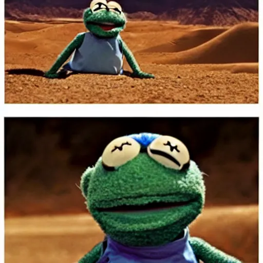 Image similar to muppet seal time fighting in the desert. from the rainbow connection movie.