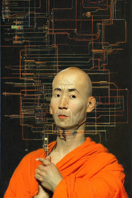 Image similar to portrait of a techno monk in orange robes with wires and circuit boards coming out of his face by francisco goya