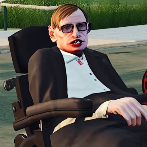 Image similar to stephen hawking as a ganster in gta v, rolling with the crips, gold jewelry, bling bang