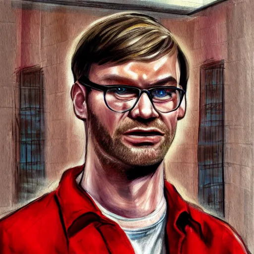 Prompt: jeffrey dahmer using gucci inmate clothes in catwalk court, oil painting, ultradetailed, digital painting, ultradetailed