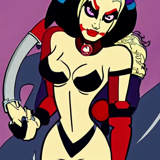 Image similar to harley quinn in bruce timm art style, elaborate, intricate, animated