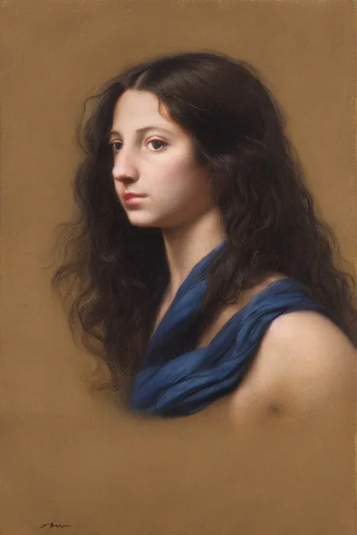 Prompt: hyperrealism close-up portrait of young girl with black roses in the long hair, wearing dark blue silk, in style of classicism