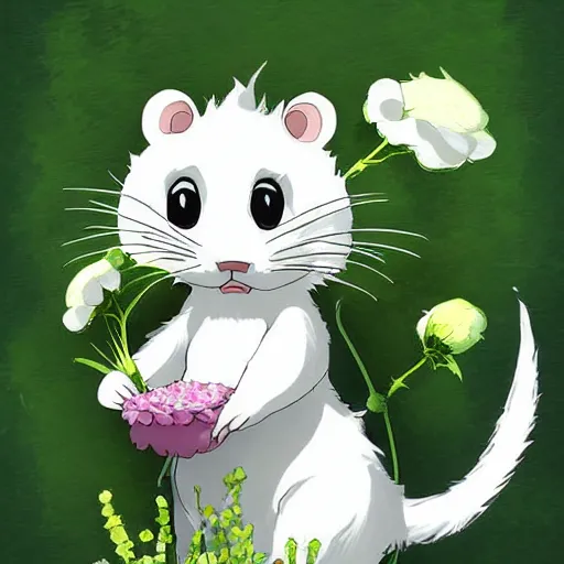 Prompt: white rat holding a flower cinematic composition, studio ghibli, digital art, cute