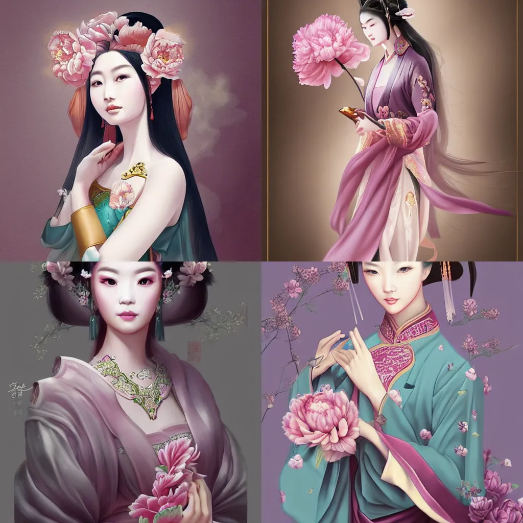 Prompt: a beautiful princess in Chinese tang Dynasty style with peony, muted tones, fashion illustration by artgerm trending on artstation