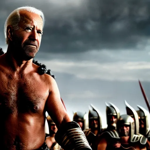 Image similar to cinematic action shot of joe biden as leonidas in 3 0 0 movie, 8 k, epic moody sky, dramatic lighting