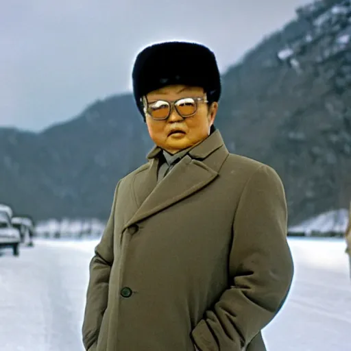 Prompt: filmstill of Kim Jong-il wearing a furry chapka and playing the role of Omar Sharif in Doctor Zhivago by David Lean, 1965, cinemascope, Eastman Color Negative 50T 5251 Neg. Film, epic romance