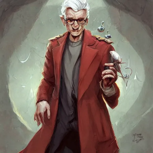 Image similar to a wise human male professor with grey hair with a streak of red, spectacles, white lab coat, dnd character art portrait, matte fantasy painting, deviantart artstation, by jason felix by steve argyle by tyler jacobson by peter mohrbacher by paul hedley, cinema