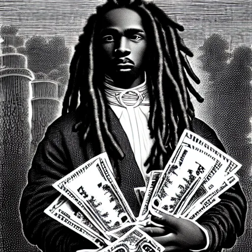 Image similar to young black man with freeform dreadlocks holding stacks of cash, biblical image, style of gustave dore, highly detailed, beautiful, high contrast, black and white