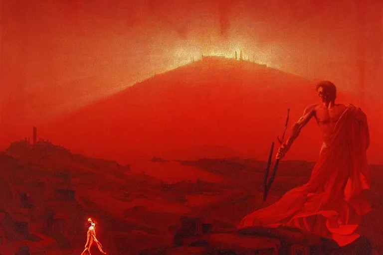 Image similar to only with red, a red melted apollo with a laurel wreath and a flaming sword announce the win, athens in the background, in the style of beksinski, part by hopper, part by rodcenko, part by hofbauer, intricate composition, red by caravaggio, insanely quality, highly detailed, masterpiece, red light, artstation