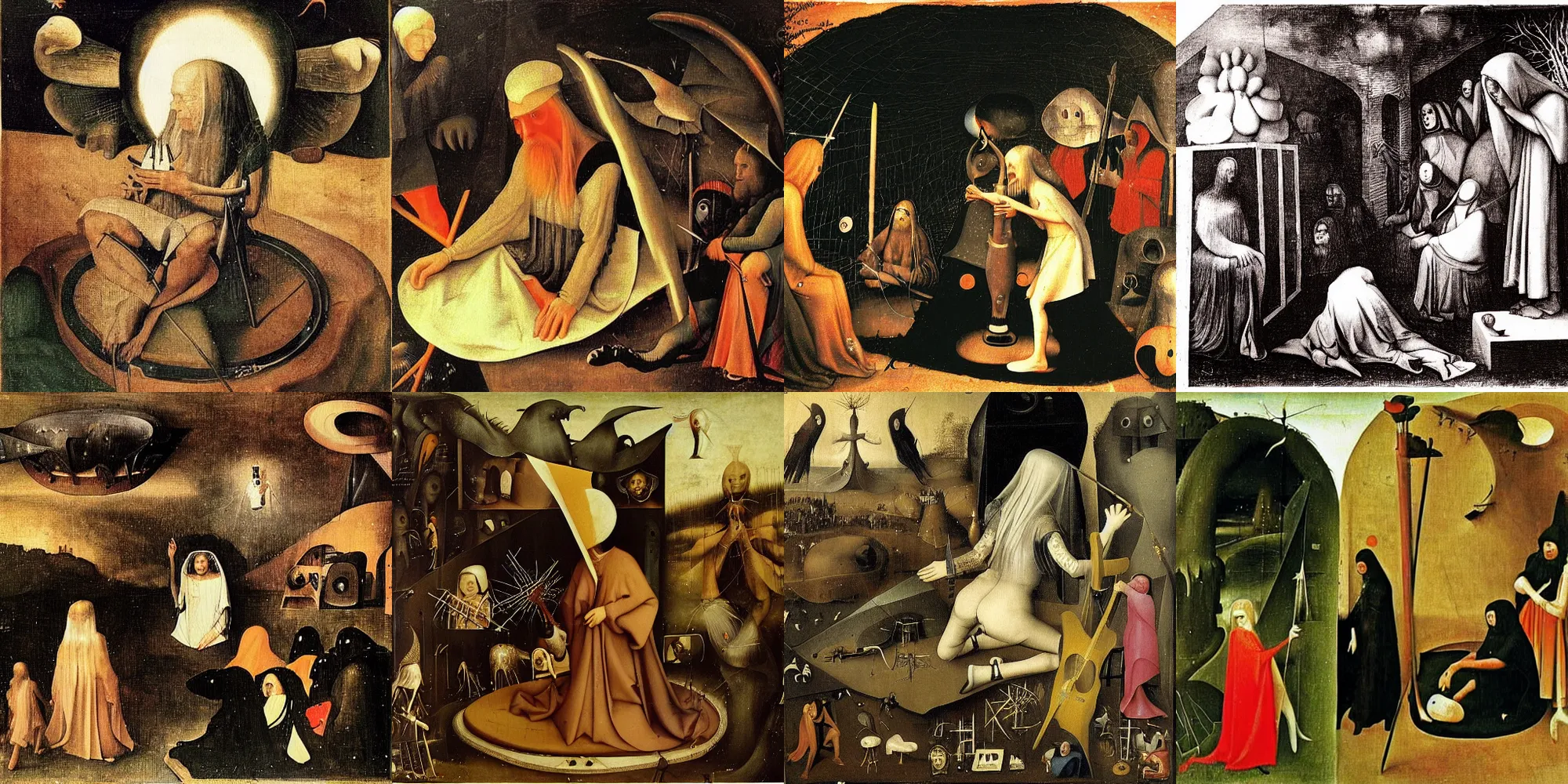 Prompt: cinematography of young Genesis P-Orridge performing on stage, Psychic TV concert, painted by Hieronymus Bosch