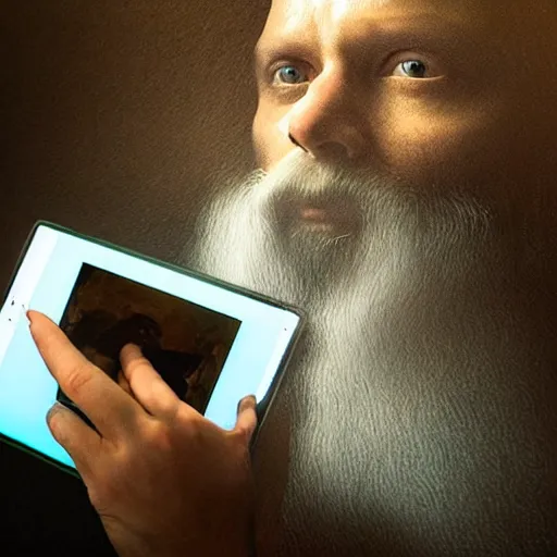 Prompt: realistic photo portrait of a man using an ipad, looking like leonardo da vinci, volumetric lights, trending on artstation, studio photo, intricate details, highly detailed