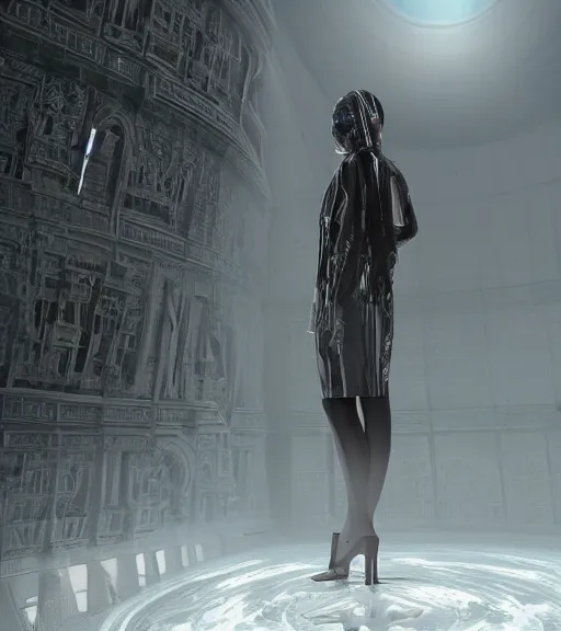 Prompt: tarkovsky greatest scene, the ancient destroyed majestic tower of babylon, a woman near the camera in futuristic cyber clothing, transparent puffer jacket, hyper realistic, blockchain, virtual self, ambient lighting, concept art, intricate, hyper - detailed, smooth, dynamic volumetric lighting, unreal engine 5, ray trace, cinematic, high quality, high resolution, 4 k, cgsociety