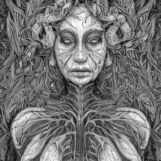 Image similar to a beautiful detailed photo of a centered full body rotten woman corpse morphing into fractal plants and fractal flowers and mushrooms, face muscles, veins, anatomical, intricate, ornate, volumetric light, beautiful lit, beetlejuice