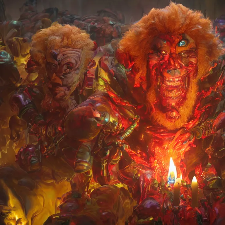 Image similar to octane render portrait by wayne barlow and carlo crivelli and glenn fabry, a photorealistic version of the thundercats covered in dripping colorful wax inside a candlelit thundercats metallic futuristic base, ray traced lighting, very short depth of field, bokeh