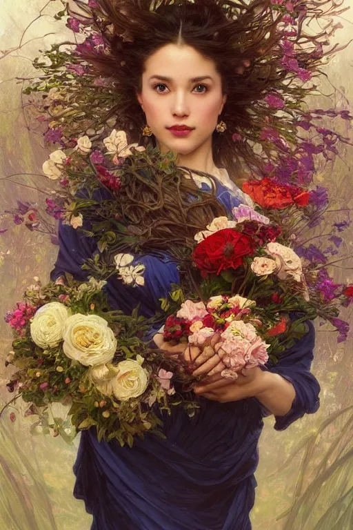 Image similar to portrait of a beautiful mysterious woman holding a bouquet of flowing flowers, hands hidden under the bouquet, fantasy, regal, intricate, by stanley artgerm lau, greg rutkowski, thomas kindkade, alphonse mucha, loish, norman rockwell