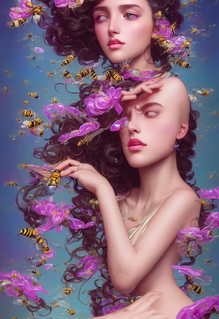 Prompt: young beautiful woman, gorgeous face, vaporwave aesthetic, synthwave, colorful, psychedelic, artstation, flowers, bees, ribbons, concept art, luxurious silvery gown, smooth, extremely sharp detail, finely tuned detail, 8 k, unreal engine 5, ultra sharp focus, illustration, art by artgerm and greg rutkowski and alphonse mucha