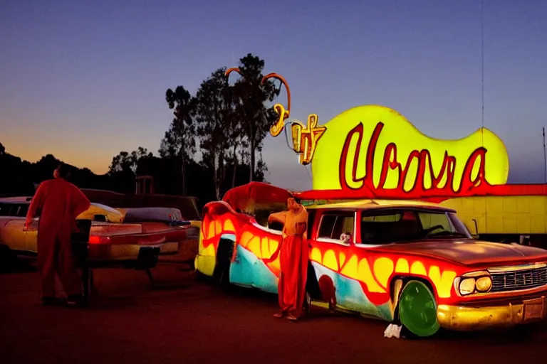 Prompt: clowncar at a california drive in, in 2 0 1 2, cutecore clowncore, bathed in the the glow of the sunset, low - light photograph, in style of tyler mitchell