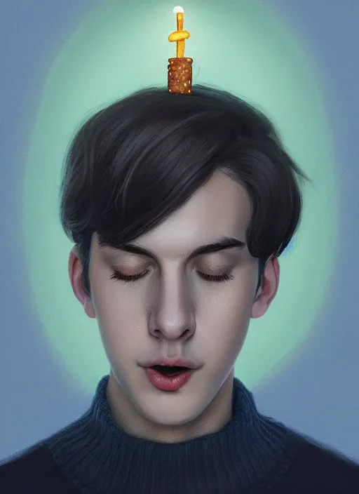 Image similar to portrait of teenage jughead jones wearing a light grey crown, crown, eating hamburger, blue turtleneck, eyes closed, crown, black hair, intricate, elegant, glowing lights, warm lighting, highly detailed, digital painting, artstation, concept art, smooth, sharp focus, illustration, art by wlop, mars ravelo and greg rutkowski