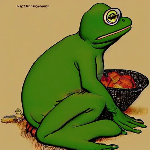 Prompt: pepe the frog home from vacation by norman rockwell