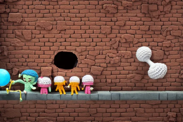 Prompt: an expedition of crochet cute astronauts discovering a hole of a brick wall. cute, illustration, digital art, inspired by little big planet, by greg rutkowski, detailed, sharp, masterpiece, highly detailed, photorealistic, octane render, 8 k, unreal engine 5, trending on artstation, vivid colors