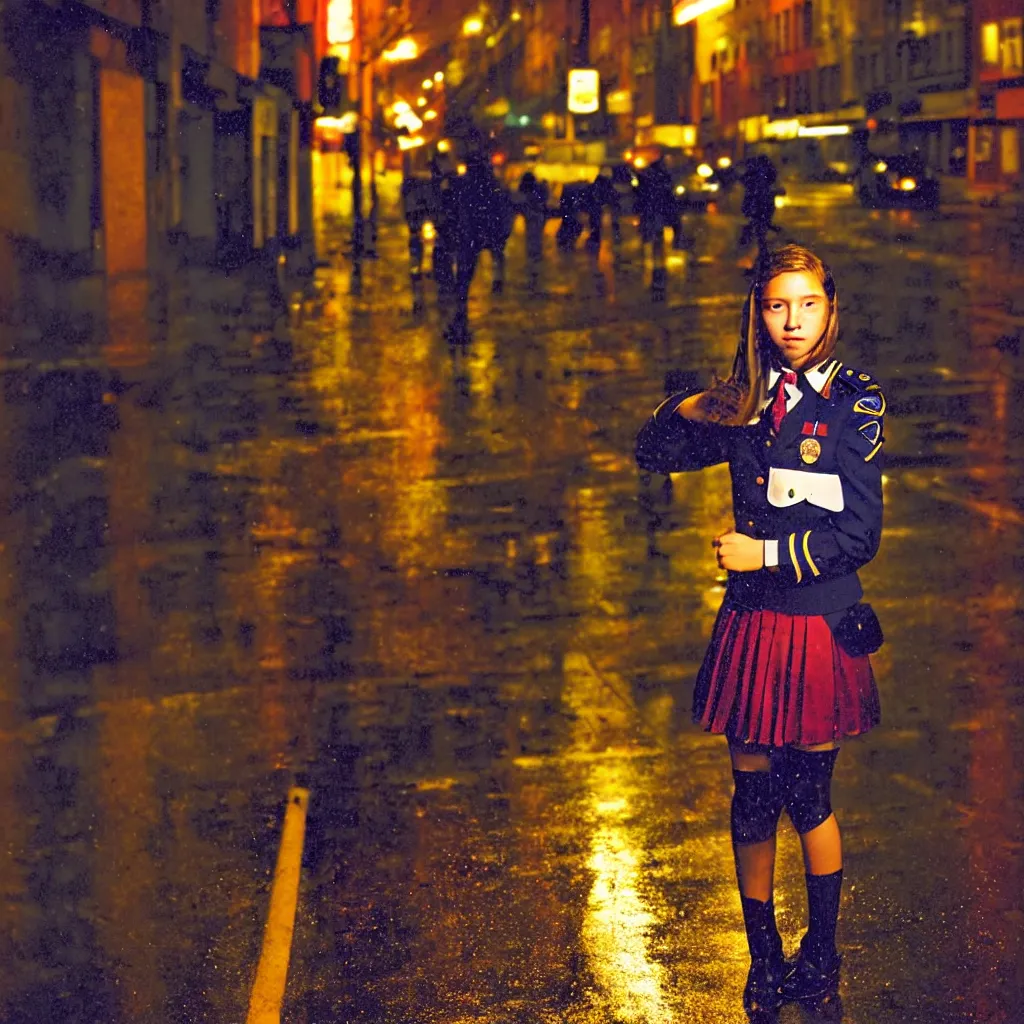 Image similar to night flash portrait photography of a high school girl in uniform on the lower east side by annie leibovitz, colorful, nighttime!, raining!